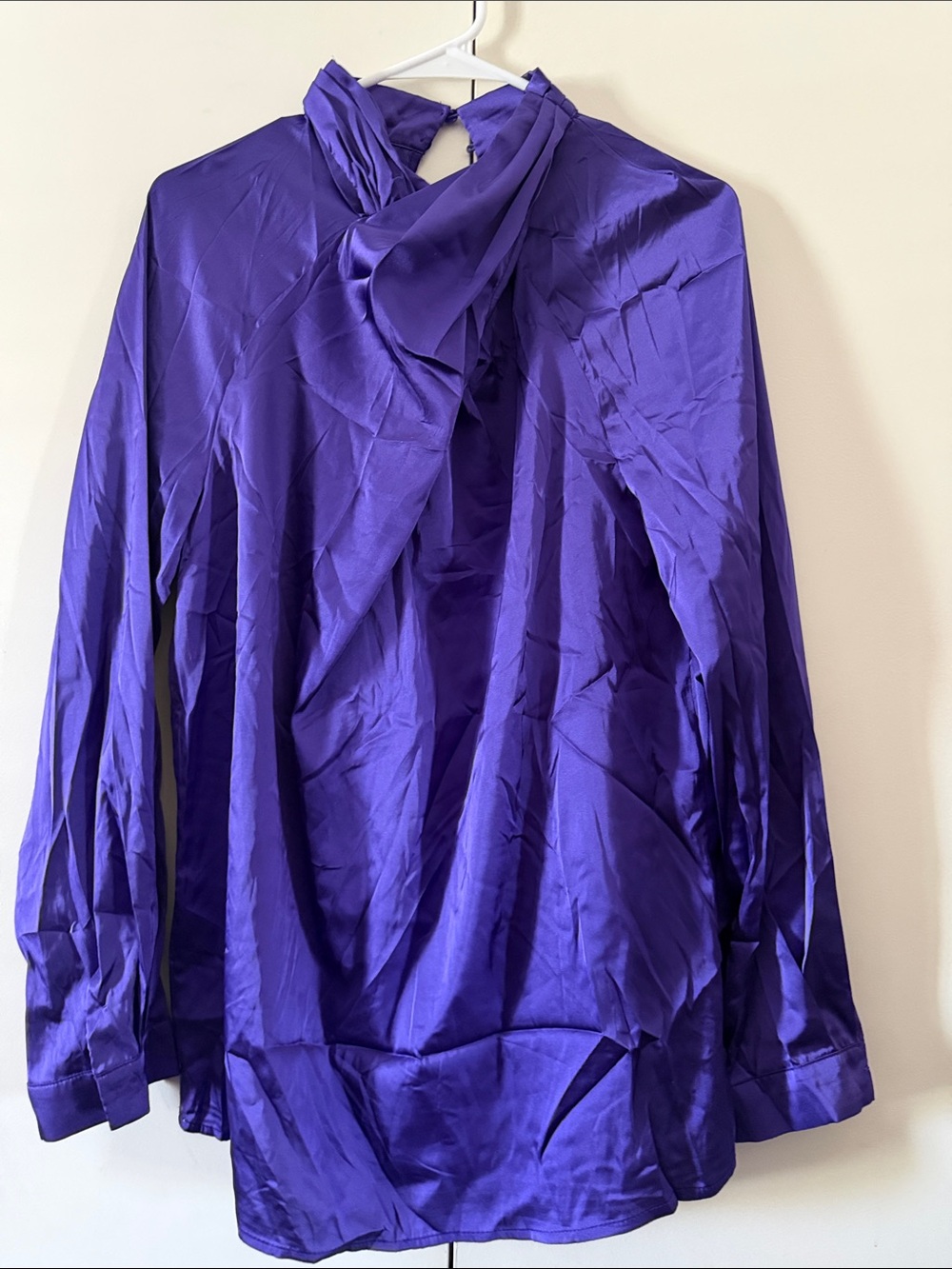 SHEIN Purple Satin Long Sleeve Tie Neck Blouse